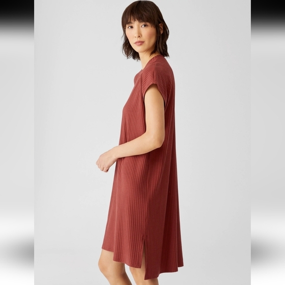 EILEEN FISHER Textured Stretch Rib Crew Neck Dress Boxy Knee Length Rust Medium - Picture 10 of 10